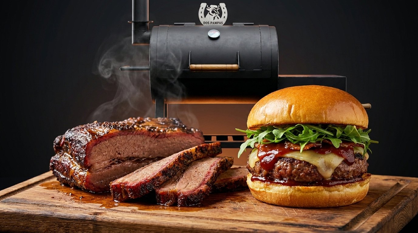 Pit Smoker Dos Pampas com brisket defumado e hambúrguer artesanal